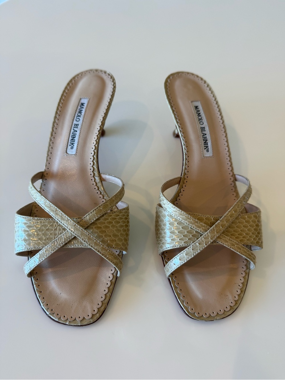 Manolo Blahnik Beige Tan Snake Strappy Kitten Heel Open Toe Sandals EU 39.5